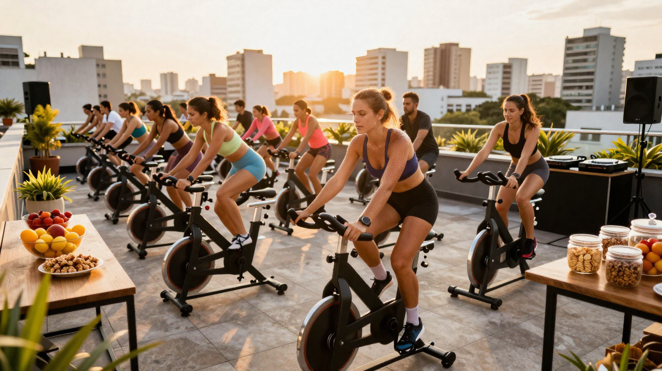 Gruppe von Menschen beim Radfahren auf Indoor-Bikes auf einer Dachterrasse bei Sonnenuntergang.