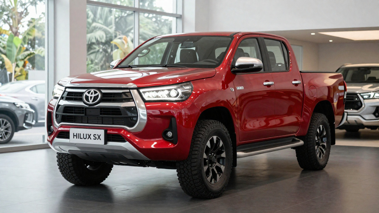 Roter Toyota Hilux SX Pick-up Truck im Showroom mit großen Offroad-Reifen und Chrom-Details.