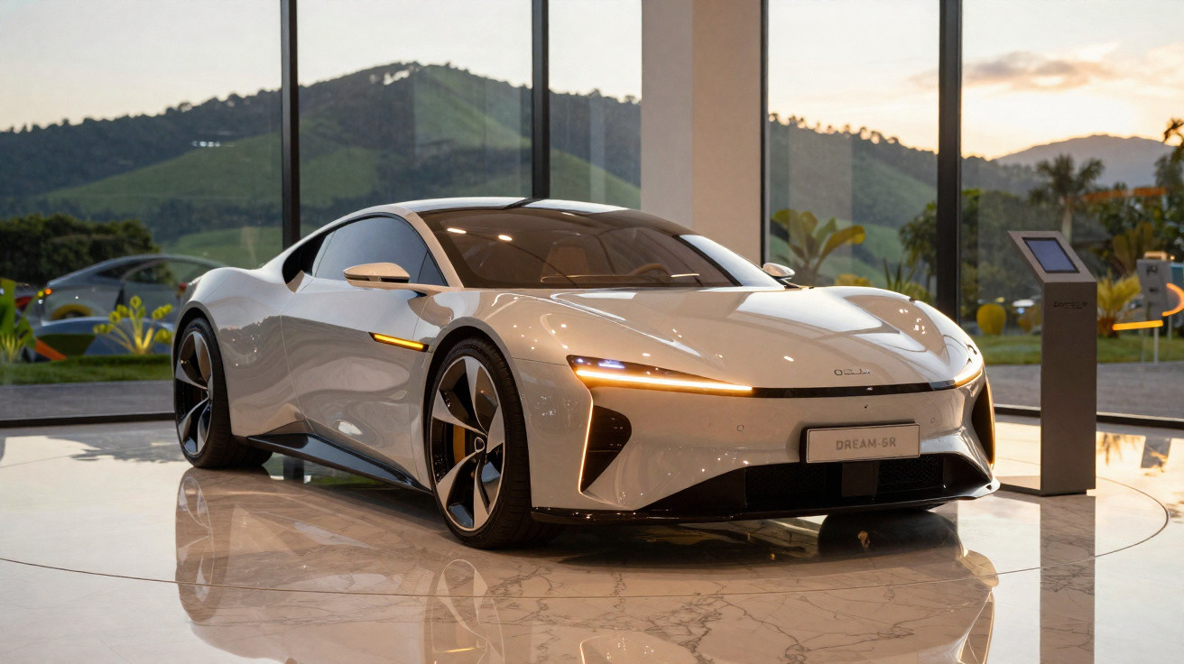 Silberfarbener, futuristischer Sportwagen in hellem Showroom mit großen Fenstern und Bergblick bei Sonnenuntergang.