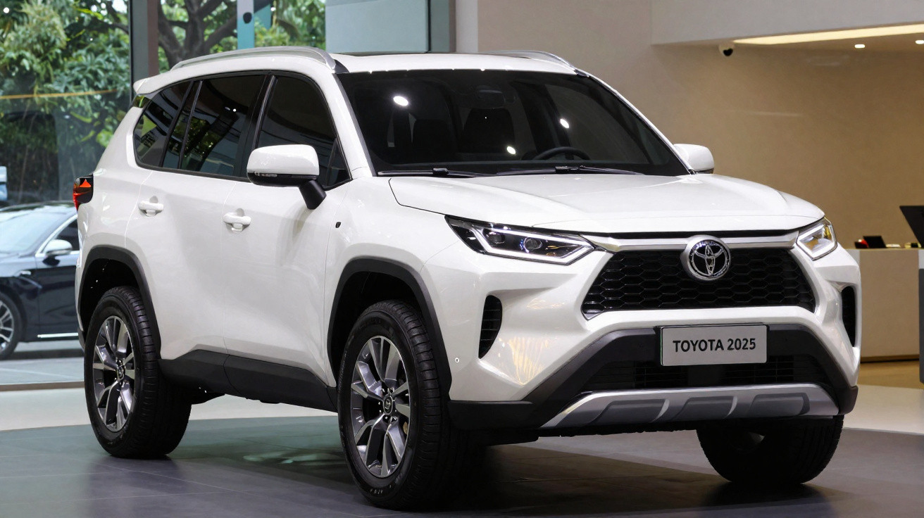 Weißer Toyota SUV 2025 Modell in moderner Ausstellungshalle, frontal rechts gesehen.