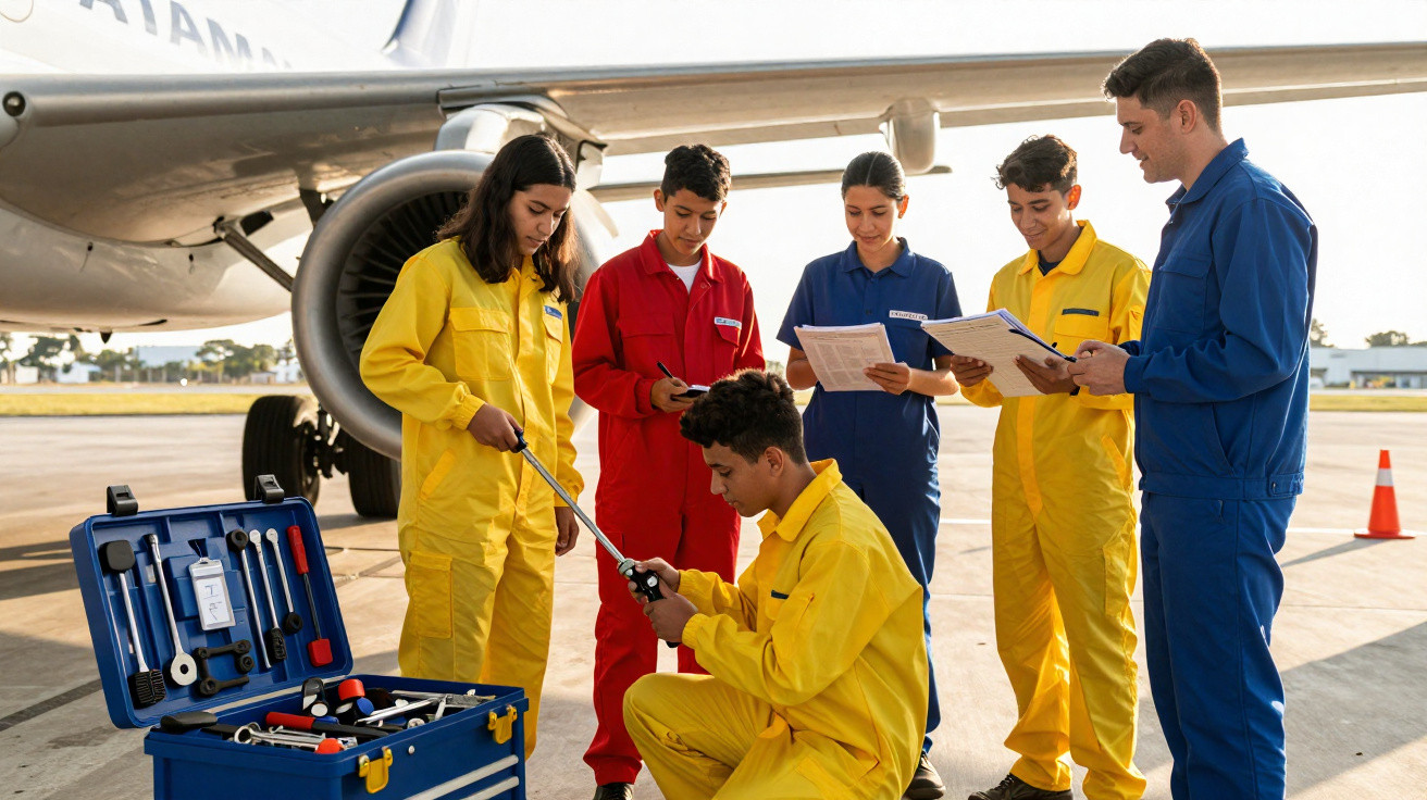 Sechs Personen in bunter Arbeitskleidung überprüfen Werkzeuge vor einem Flugzeugtriebwerk auf einem Flughafen.