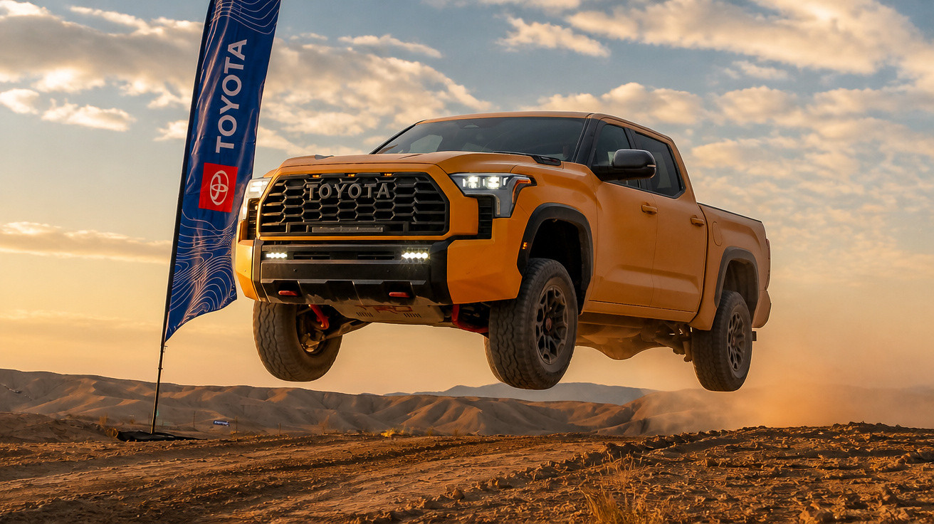 Gelber Toyota Pickup springt im Gelände vor einem Toyota-Werbefahne bei Sonnenuntergang.