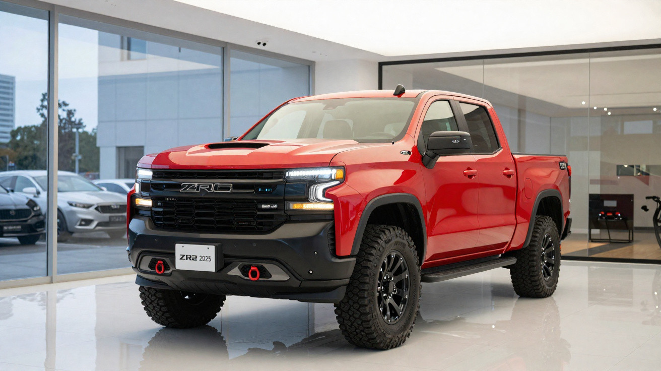 Roter Chevrolet ZR2 Pickup-Truck 2025 in moderner Ausstellungshalle mit großen Fenstern und weißen Wänden.