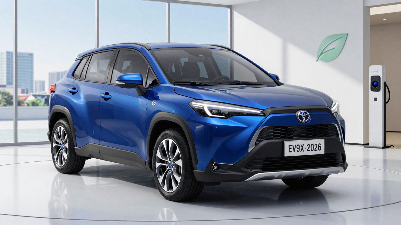 Blauer Toyota Elektro-SUV in modernem Raum mit Ladestation und grünem Blattsymbol an der Wand