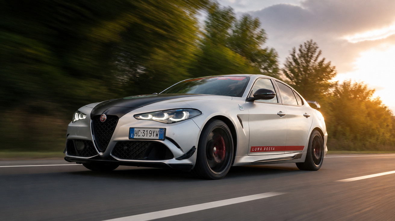 Silberner Alfa Romeo Sportwagen fährt bei Sonnenuntergang auf Landstraße mit Bäumen im Hintergrund.