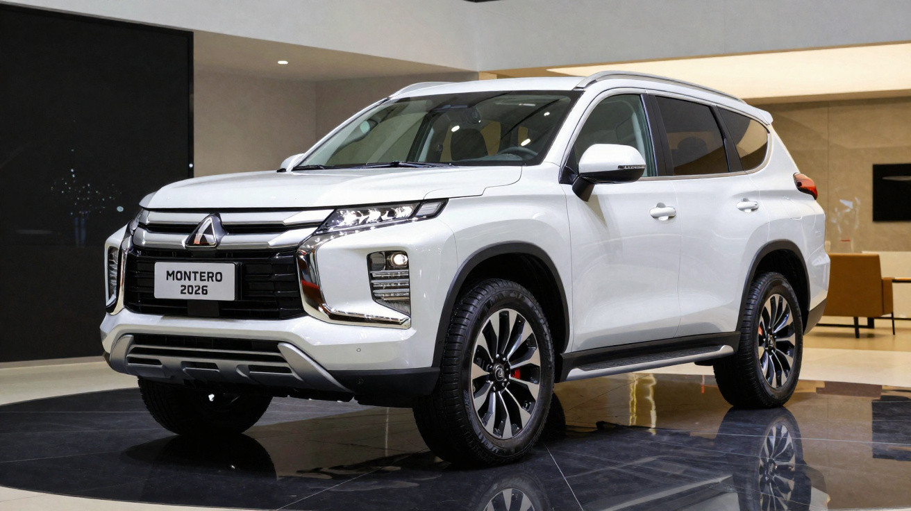 Weißer Mitsubishi Montero 2026 SUV, moderner Innenraum, Front- und Seitenansicht.