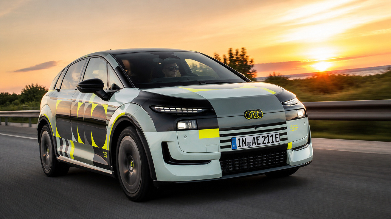 Audi Elektroauto mit auffälligem schwarz-gelb-weißem Tarnmuster fährt bei Sonnenuntergang auf Landstraße.