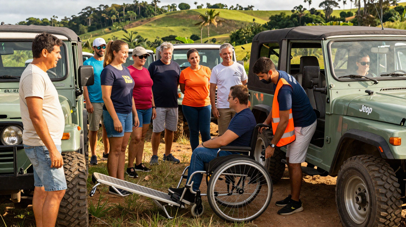Eine Gruppe Menschen mit Jeep und Rollstuhlrampen bei sonnigem Landschaftshintergrund.