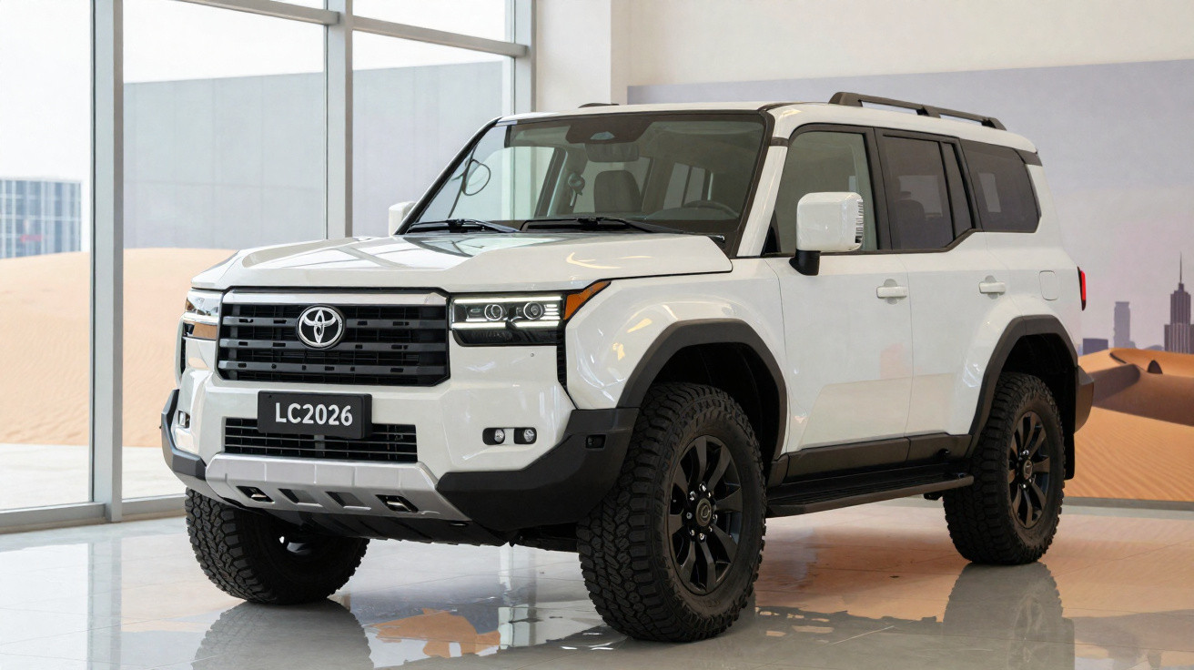 Weißer Toyota Geländewagen LC2026 mit schwarzem Dach und breiten Offroad-Reifen in Innenraumgarage.