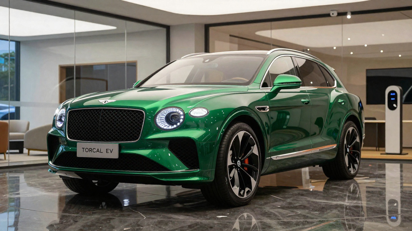 Grüner Bentley Torcal EV Elektro-SUV steht in modernem Showroom mit glänzendem Marmorboden und Ladestation.
