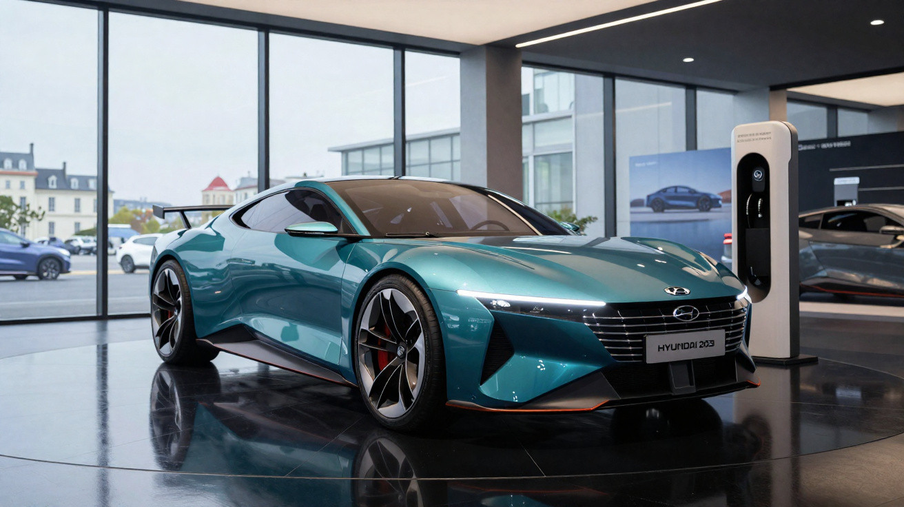 Sportliches, türkisfarbenes Elektroauto Hyundai 203 in modernem Showroom mit großer Fensterfront und Ladestation.