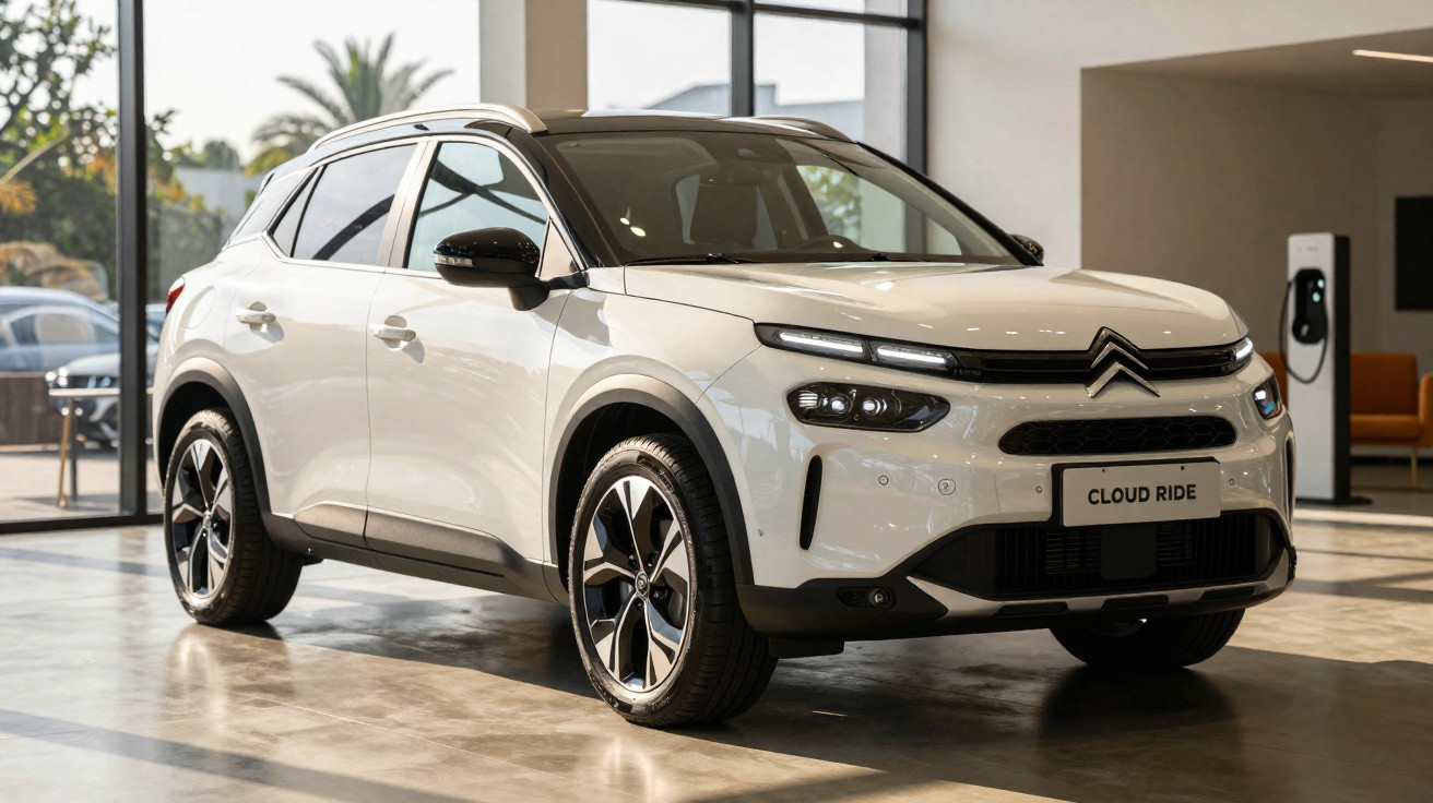 Weißer Citroën Cloud Ride SUV in einem modernen Ausstellungsraum mit großen Fenstern.