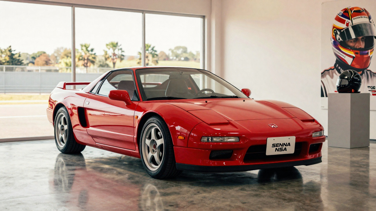Roter Honda NSX Sportwagen mit Senna-Nummernschild in modernem Ausstellungsraum fotografiert.