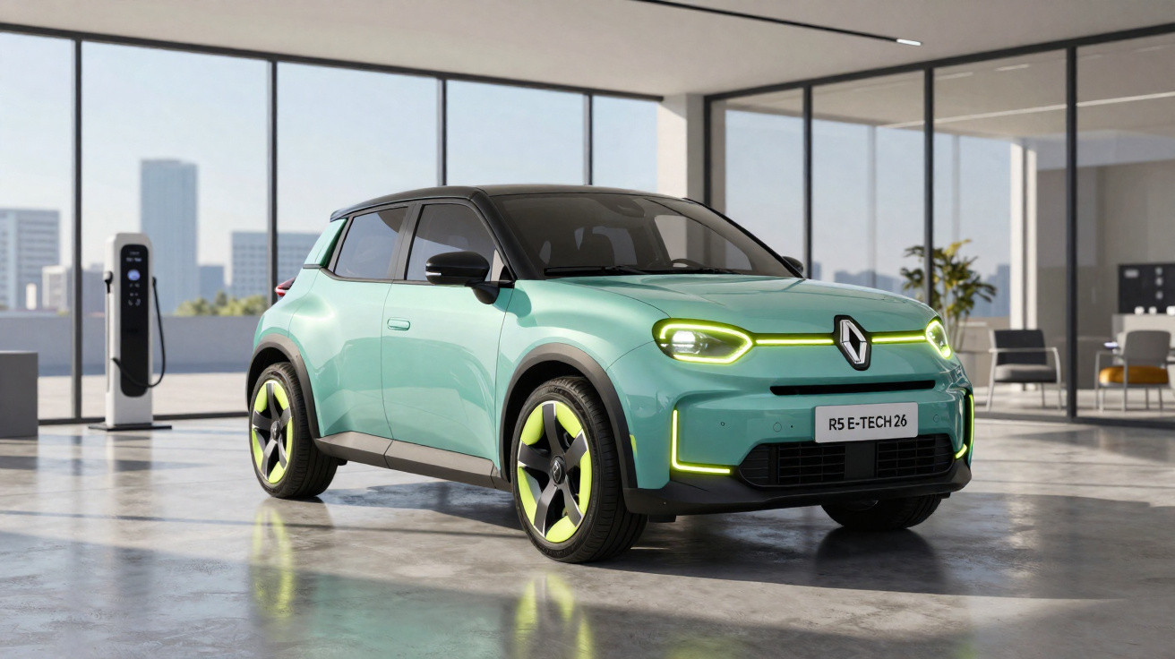 Renault R5 E-Tech in Hellblau mit Neon-Akzenten in moderner Garage neben Ladestation.