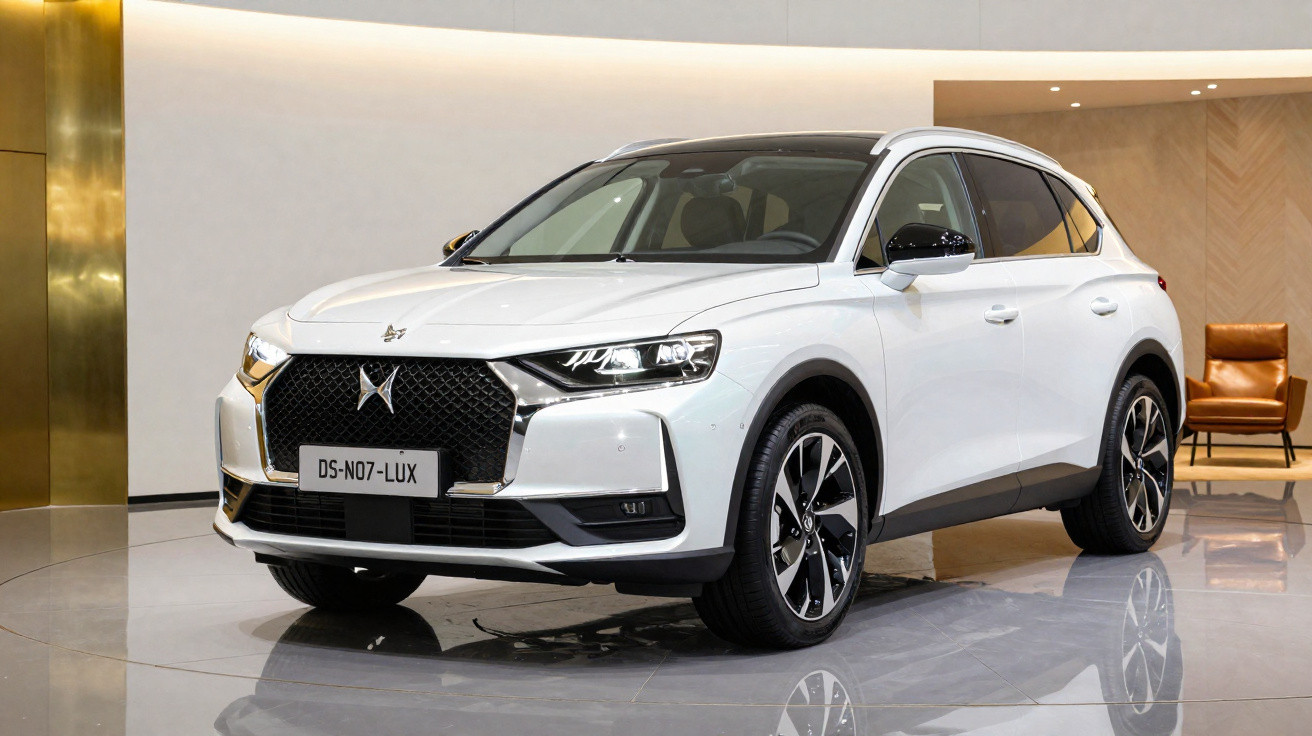 Weißer DS 7 SUV steht modern beleuchtet in einem Showroom mit hellen Wänden und Lederstuhl.