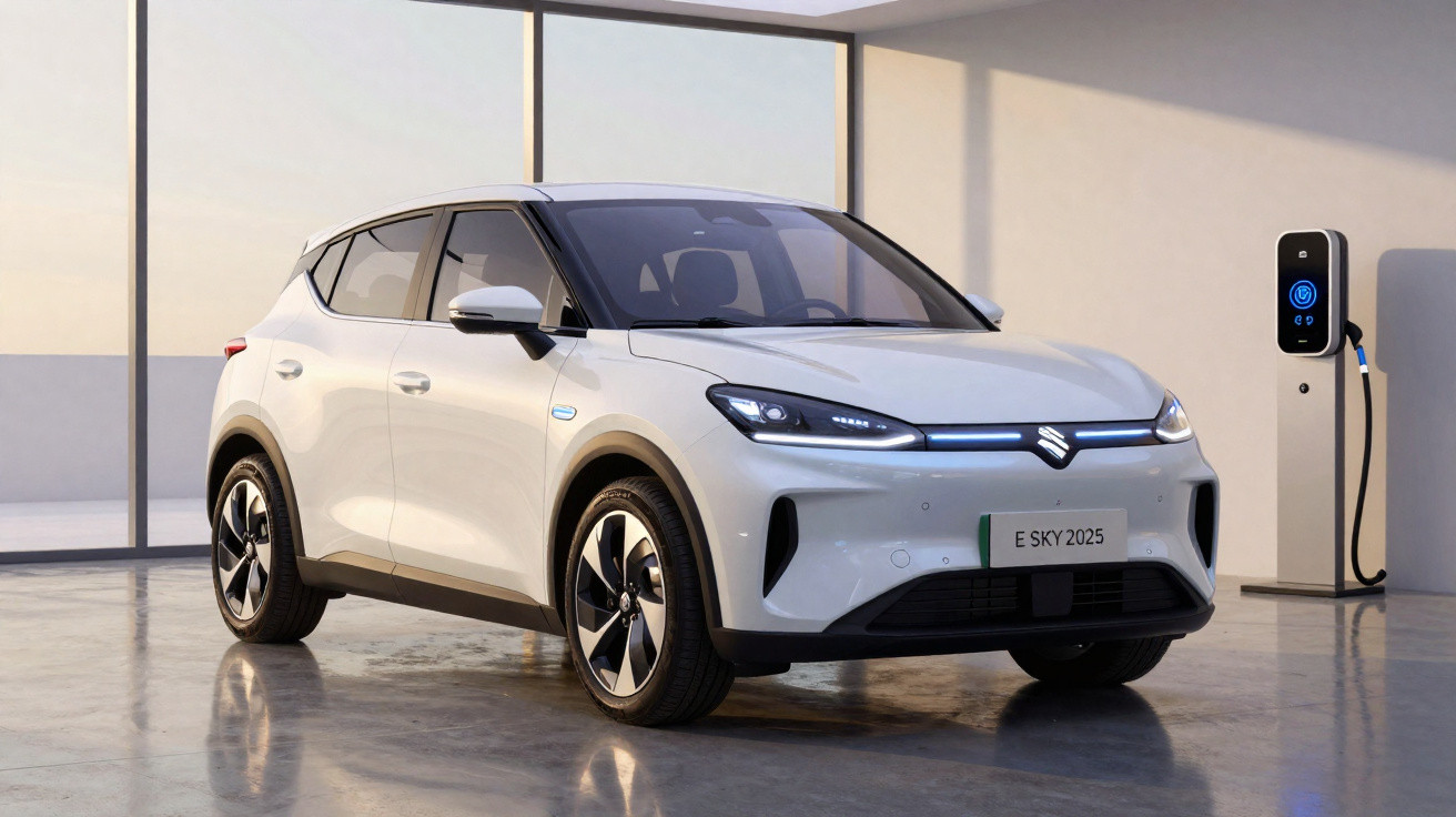 Weißes Elektroauto Suzuki E SKY 2025 an moderner Ladestation in hellen Innenraum mit großen Fenstern.