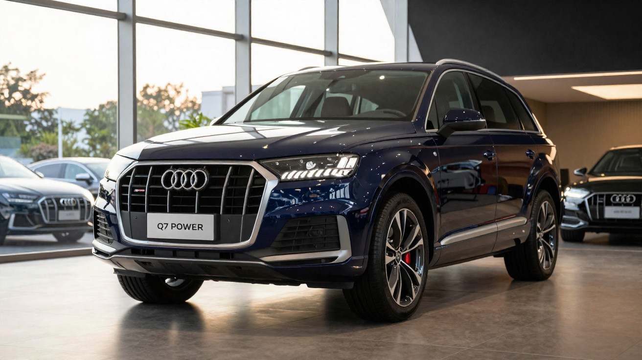 Dunkelblauer Audi Q7 Power SUV steht in einem modernen Autohaus mit große Fenster im Hintergrund.