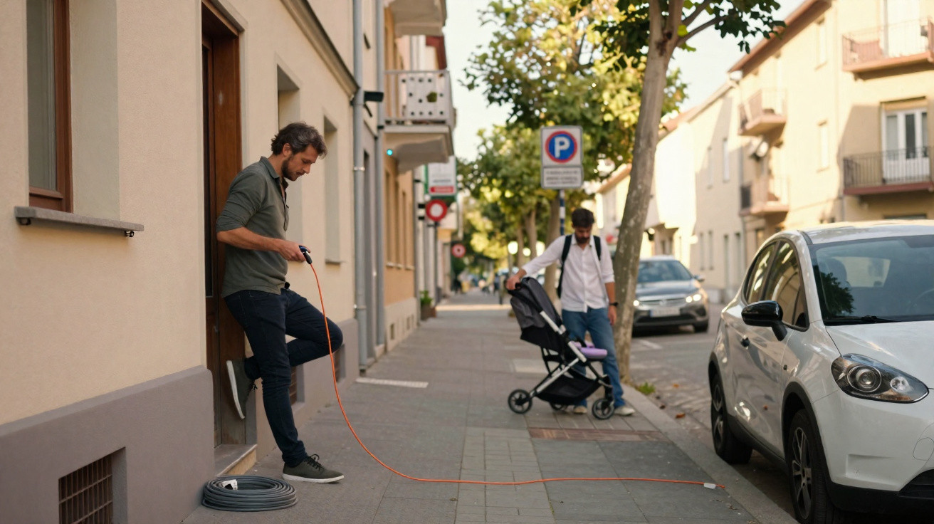 Mann macht Elektroladekabel am Haus fest, während ein anderer mit Kinderwagen auf dem Bürgersteig vorbeigeht.