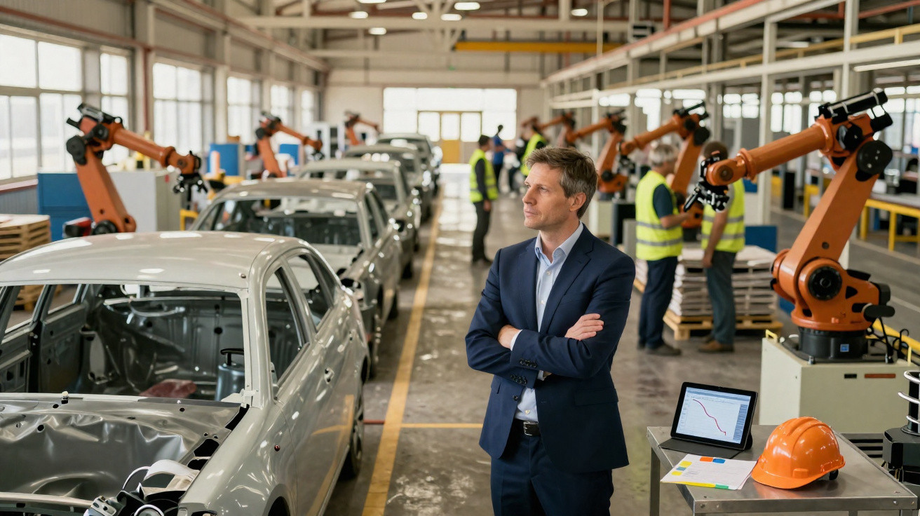 Mann im Anzug beobachtet Autoproduktion mit Robotern und Arbeitern in gelben Westen in Fabrikhalle.