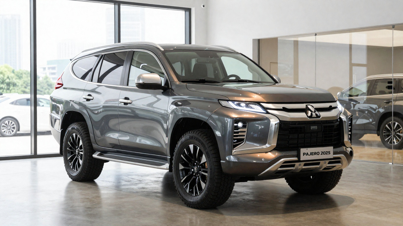 Grauer Mitsubishi Pajero 2025 SUV im Showroom mit großen Fenstern im Hintergrund.