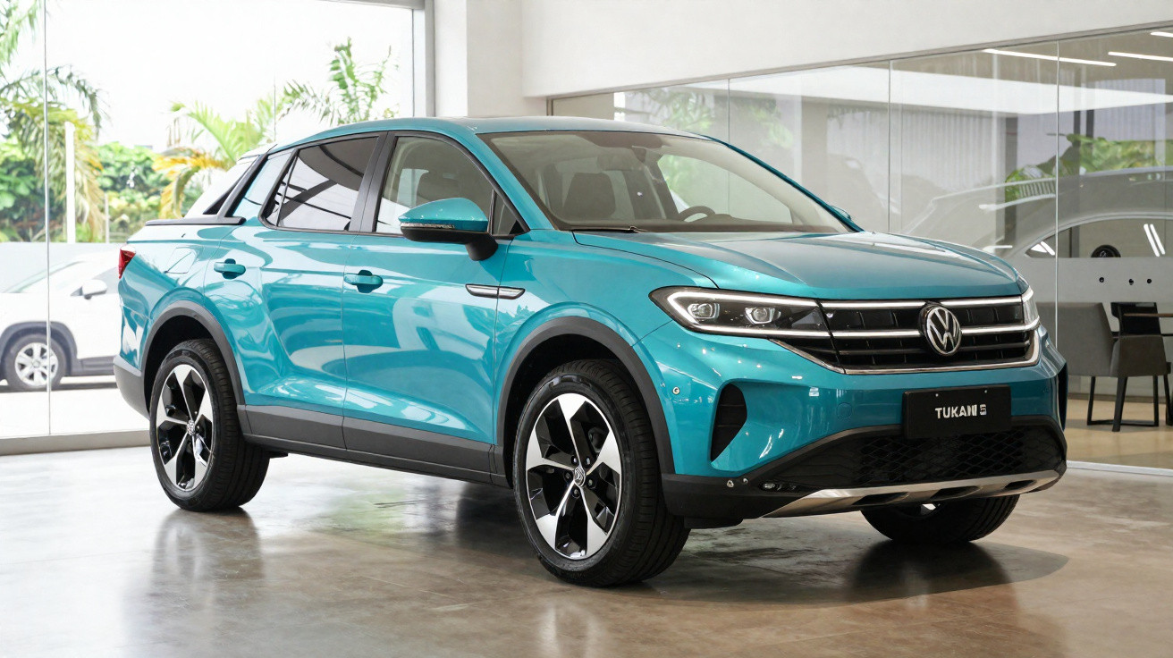 Blauer Volkswagen T-Cross SUV in einem modernen Autohaus mit großen Glasfenstern.