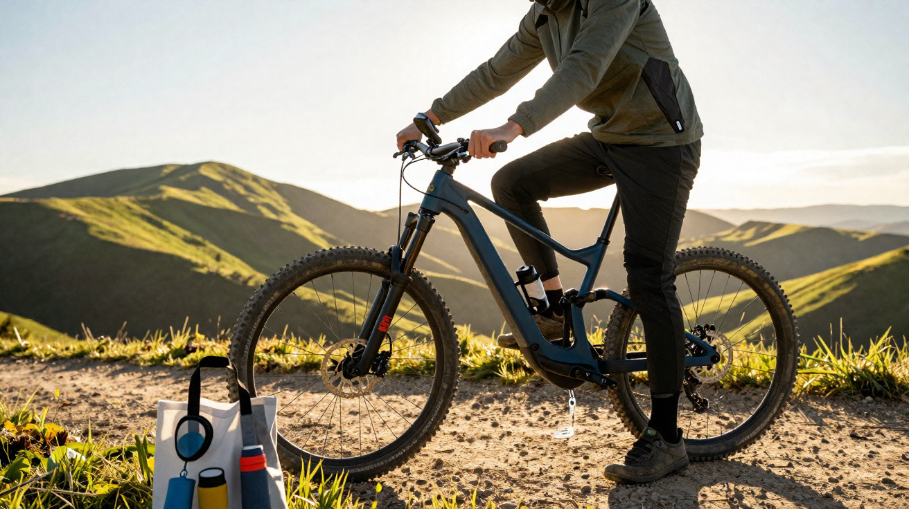 Person steht mit Mountainbike auf einem Hügelweg bei Sonnenlicht, Tasche mit Trinkflaschen neben dem Rad.