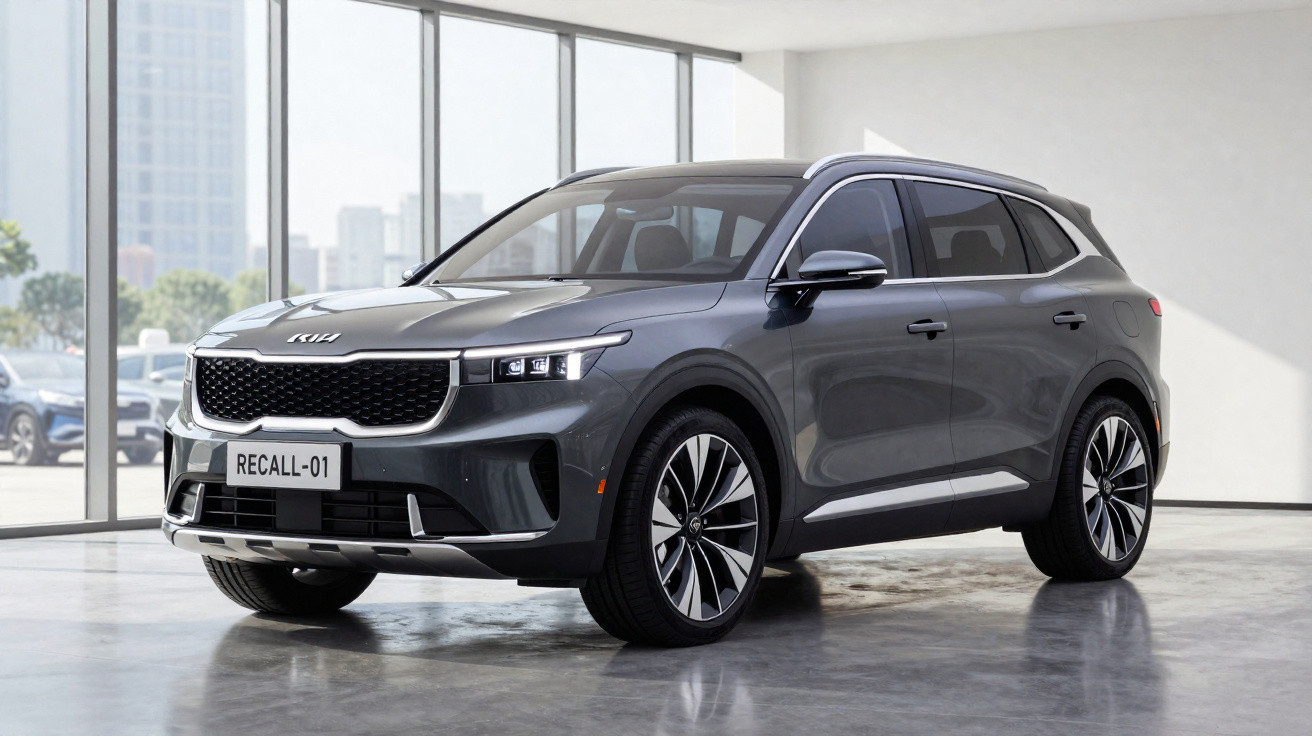 Grauer Kia SUV steht in hellem Showroom mit großen Fensterfronten und spiegelndem Boden.