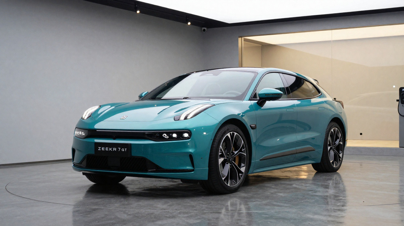 Türkisfarbener Zeekr 7 GT Elektroauto in modernem Showroom mit grauem Boden und Wänden.