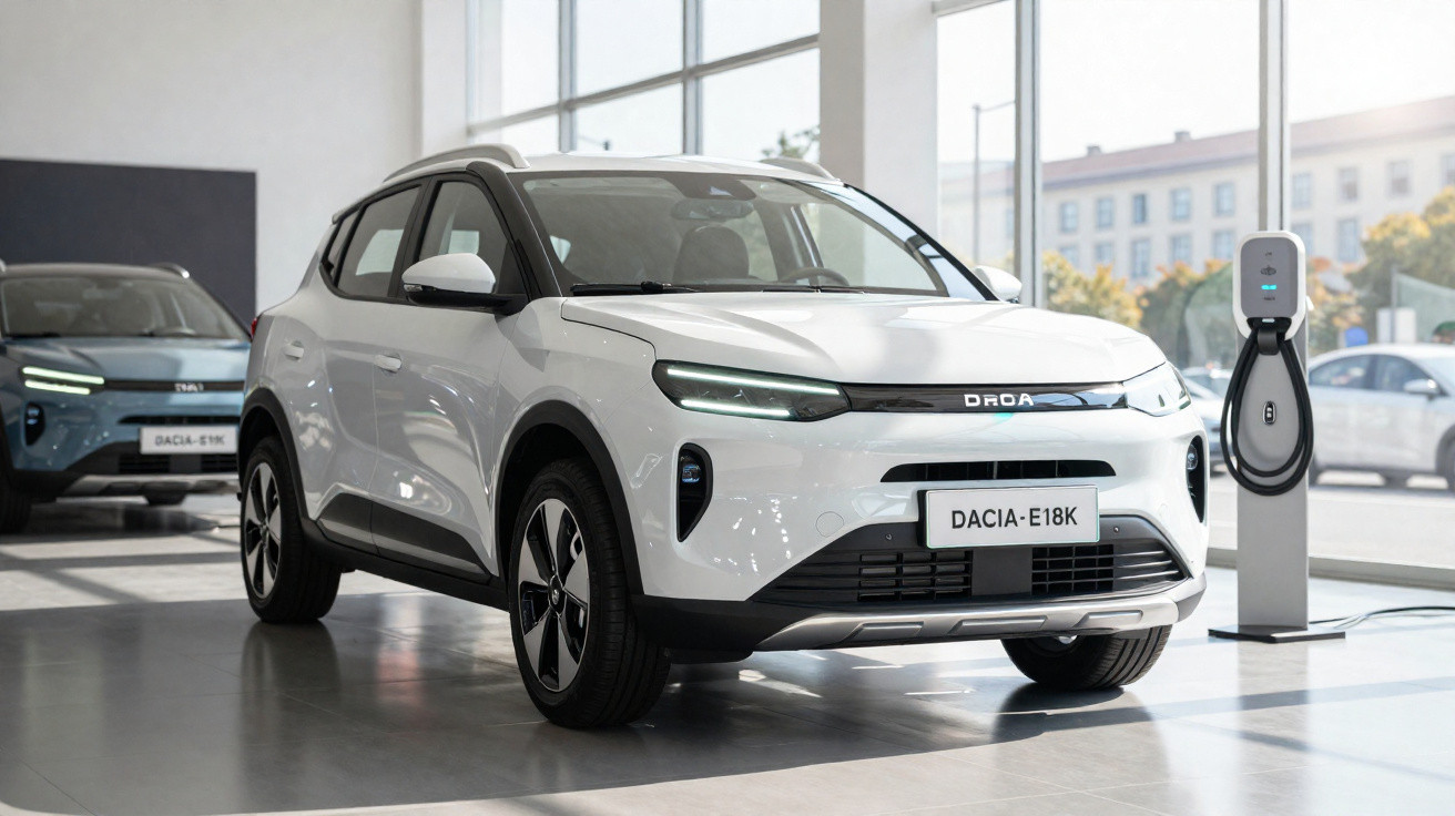 Weißes Elektro-SUV Dacia E18K in einem Showroom neben einer Ladestation stehend.
