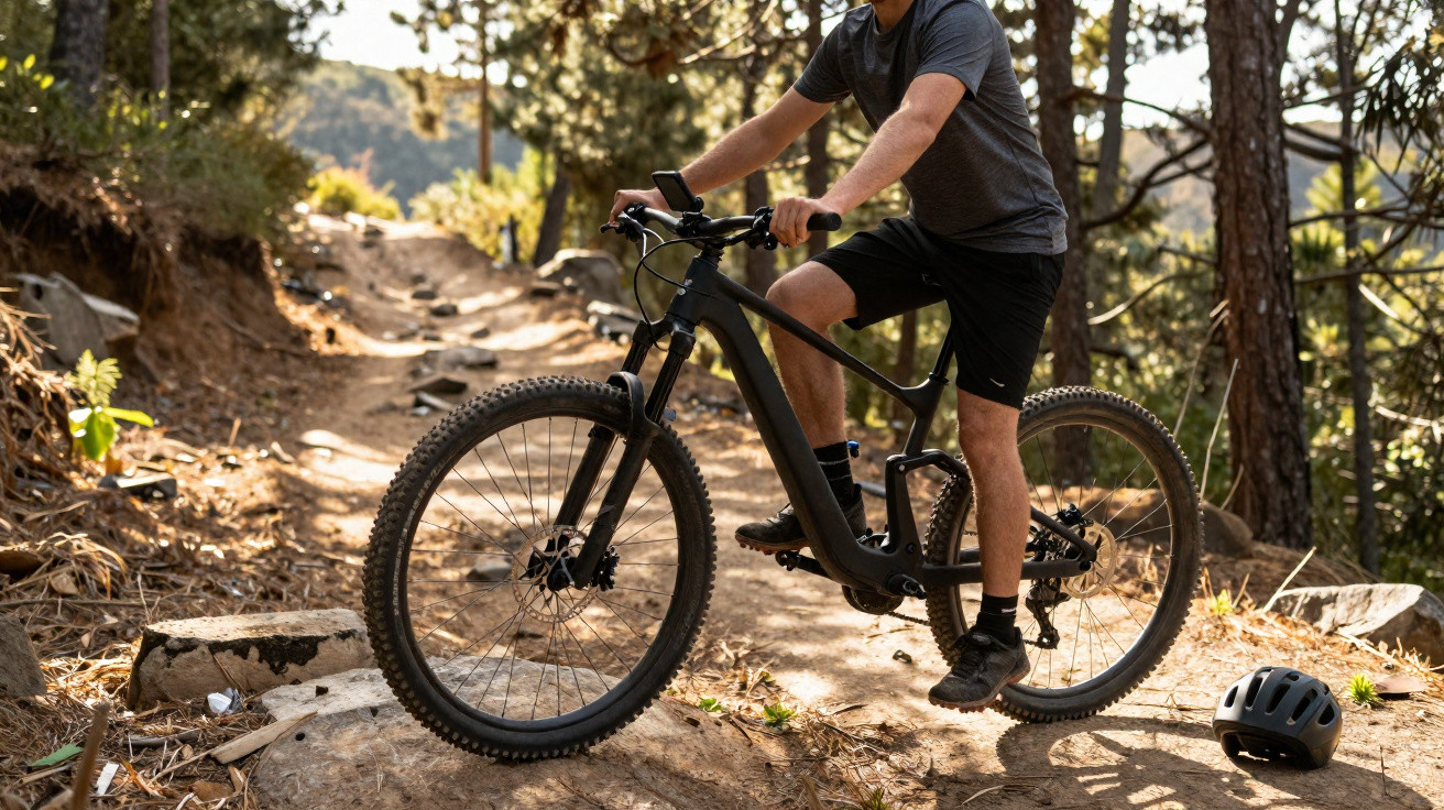 Person mit Shorts und T-Shirt auf Mountainbike auf Waldweg, Helm liegt am Boden daneben.