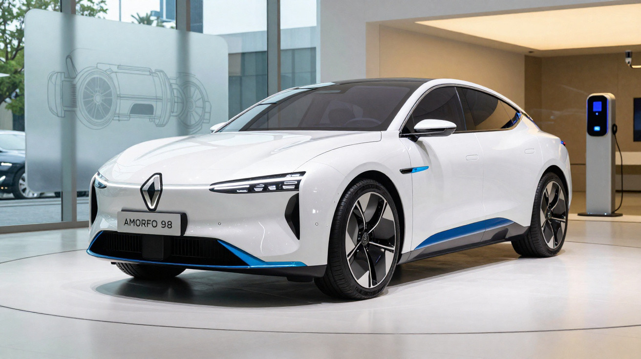 Weißer Renault AMORFO 98 Elektroauto in einer modernen Ausstellungshalle mit Ladestation im Hintergrund.