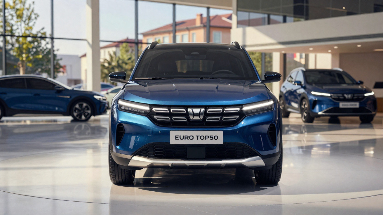 Blauer offener Euro Top50 SUV im modernen Autohaus mit zwei weiteren Autos im Hintergrund
