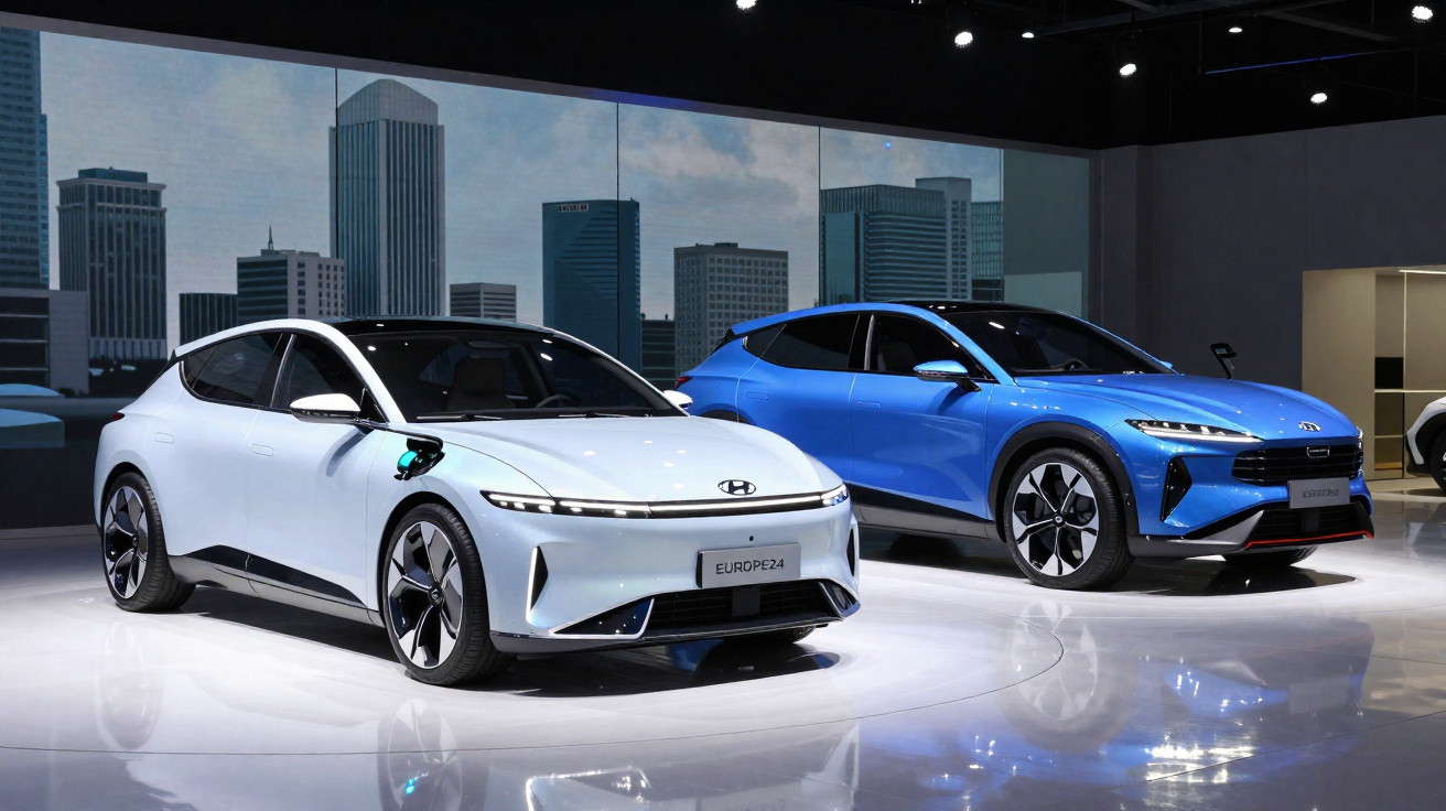 Zwei moderne Elektroautos von Hyundai in Weiß und Blau auf einer Messe mit Stadtbild-Hintergrund.
