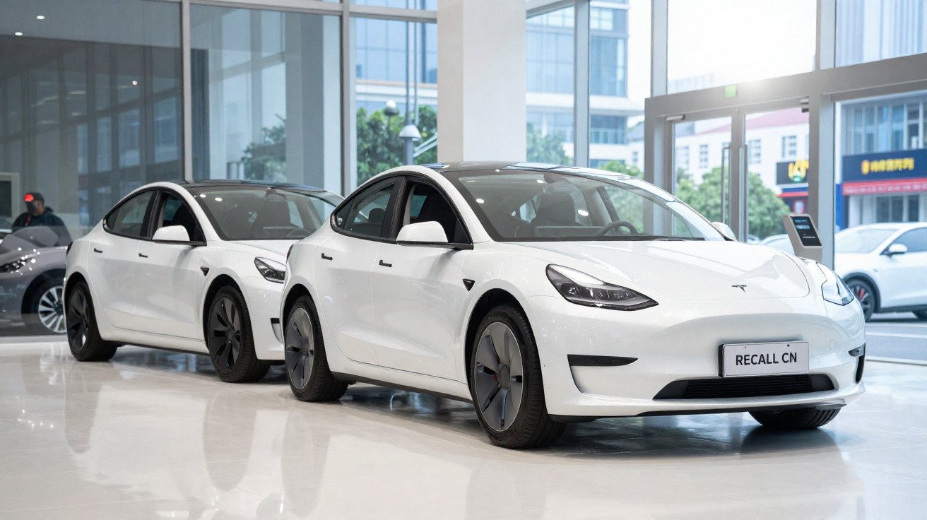 Zwei weiße Tesla Model 3 Elektroautos in einem hellen Autohaus mit großen Fenstern.