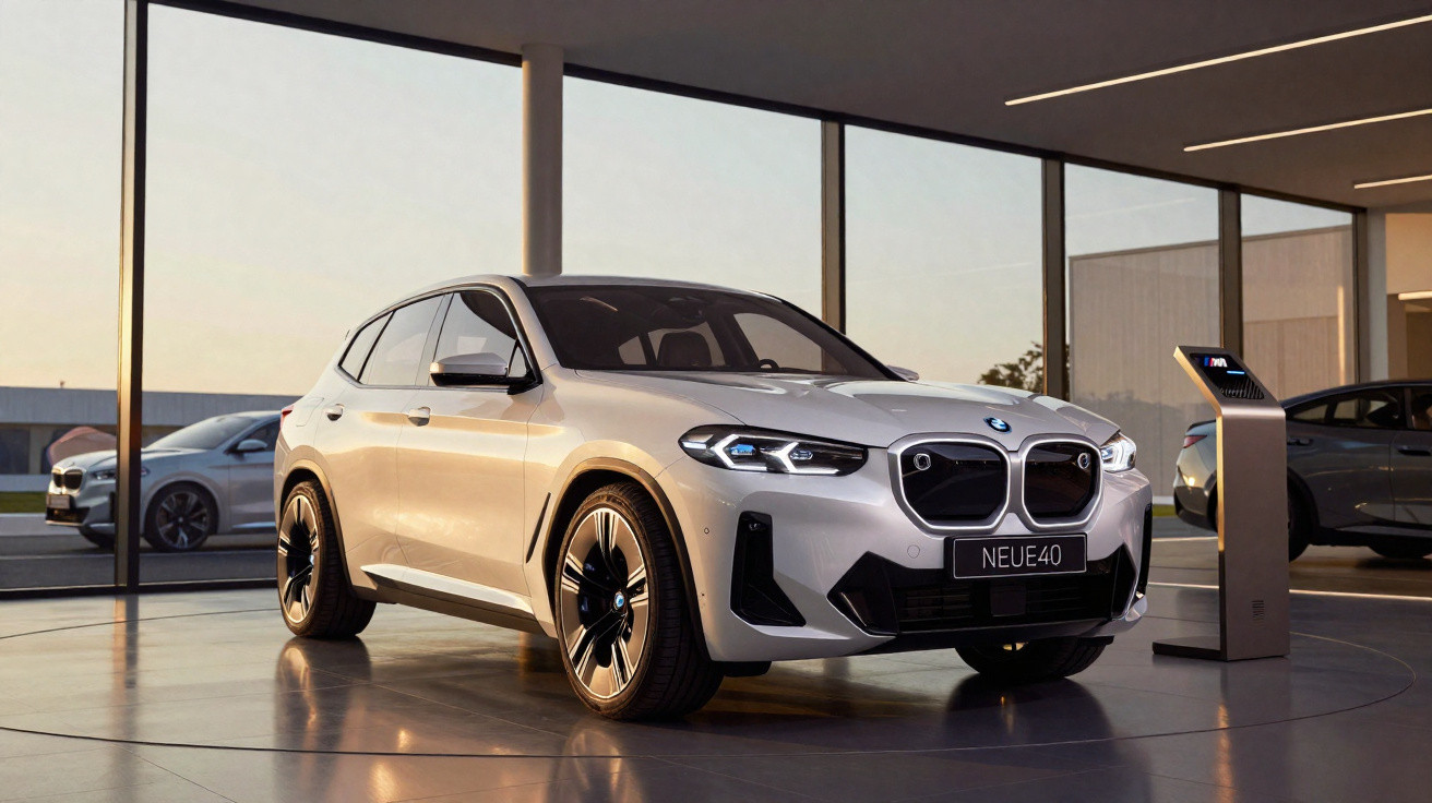 Silberfarbener BMW iX1 Elektro-SUV im Showroom mit großer Niere und modernen LED-Scheinwerfern bei Sonnenuntergang.