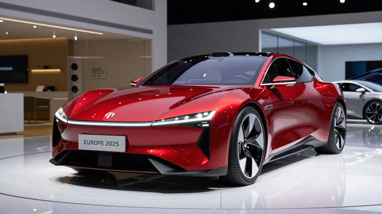 Roter futuristischer Sportwagen mit LED-Scheinwerfern auf einer Messe, Modellkennzeichen "EUROPE 2025".