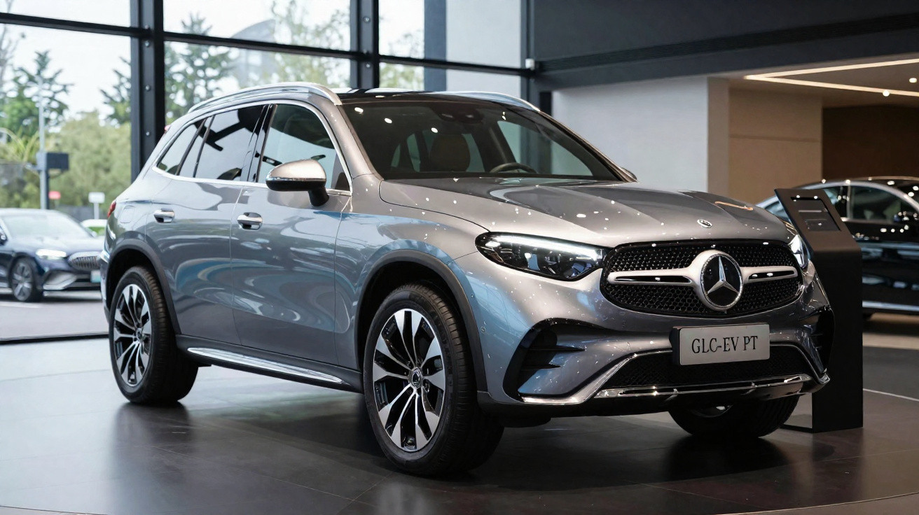 Silberner Mercedes-Benz GLC-EV SUV steht in einem modernen Autohaus, beleuchtet von natürlichem Licht.