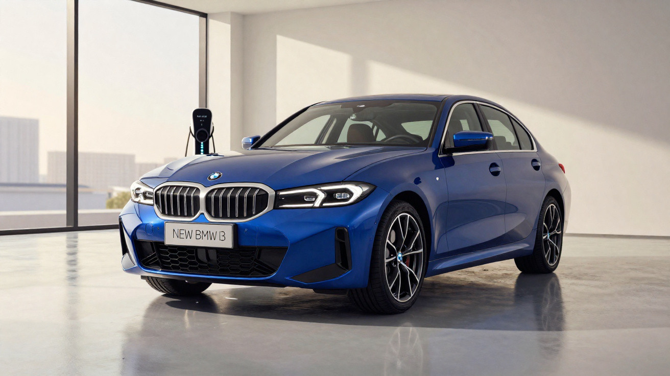 Blauer BMW 5er steht in hellem Raum neben Ladestation für Elektroautos.