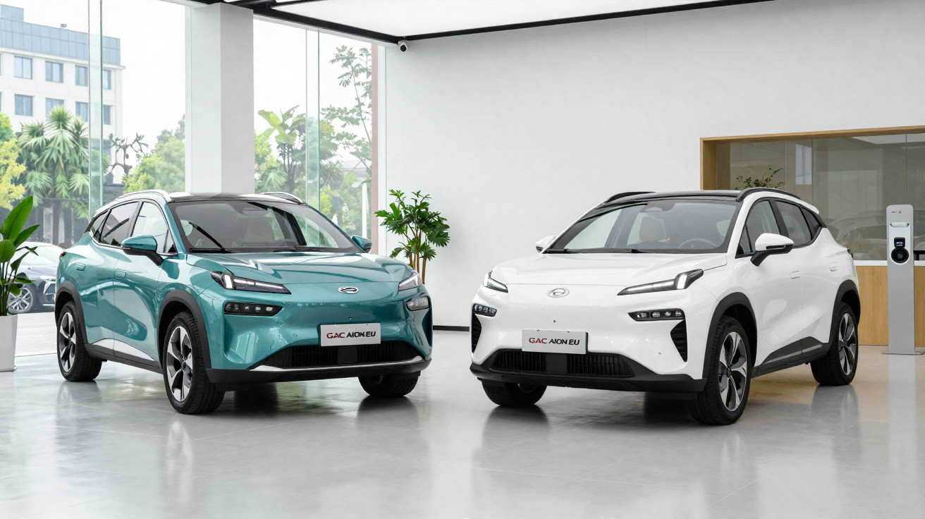 Zwei moderne Elektro-SUVs in Blau und Weiß stehen in einem hellen Showroom mit großen Fenstern.
