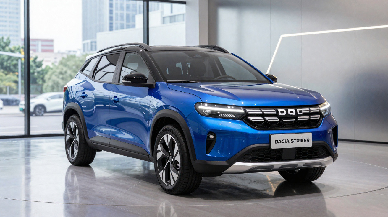 Blauer Dacia Striker SUV in modernem Showroom mit großen Fenstern und grauem Boden.