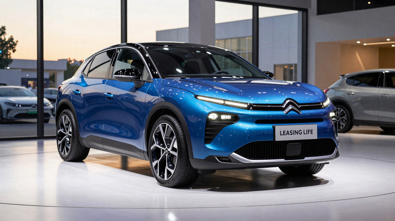 Blaues Citroën Elektroauto in modernem Showroom mit LED-Scheinwerfern und Leasing-Life Nummernschild.