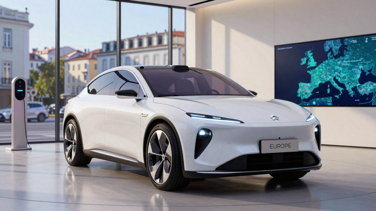 Weißes Elektroauto in modernem Showroom mit Ladestation und Europakarte im Hintergrund