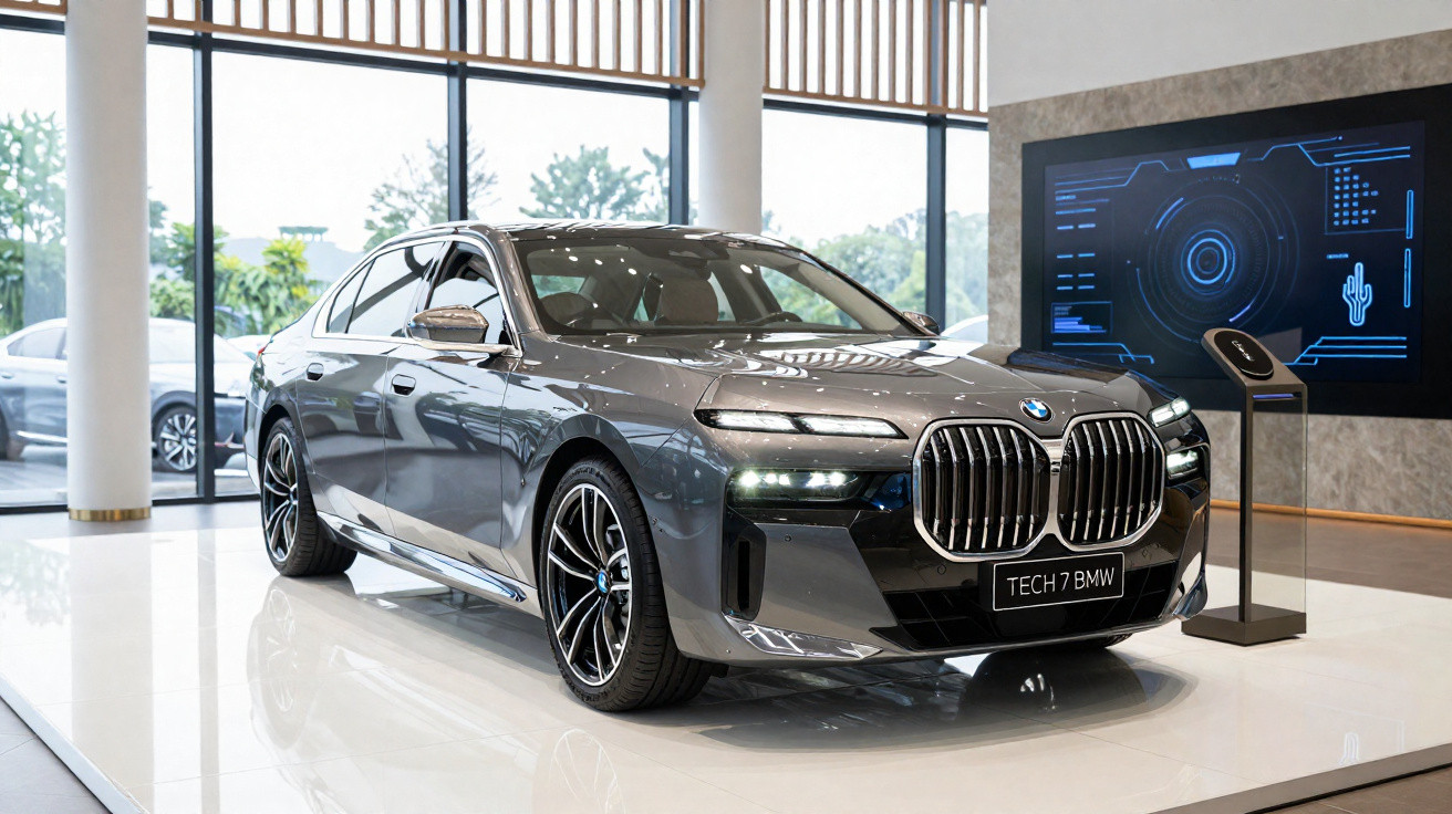 Grauer BMW Tech 7 Limousine mit großen Niere-Kühlergrill im modernen Autohaus vor Fensterfront und digitaler Anzeige.
