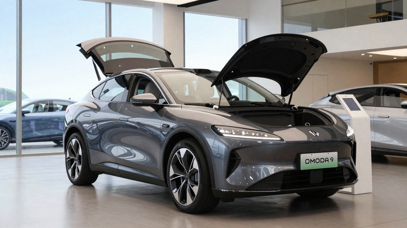 Graues Elektroauto Omoda 9 mit offenem Kofferraum und Frunk in modernem Autohaus.