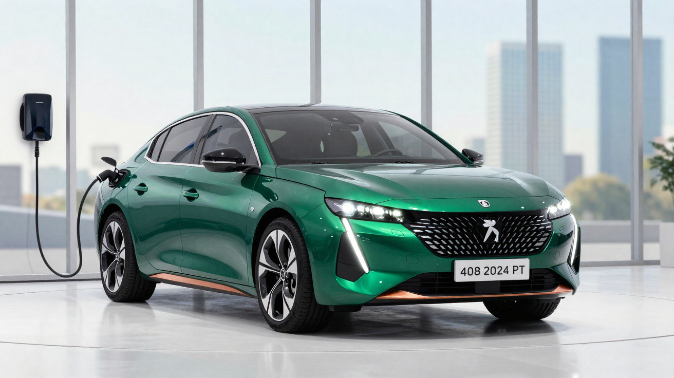 Grünes Elektroauto Peugeot 408 2024 steht im hellen Raum und lädt an einer Ladestation.