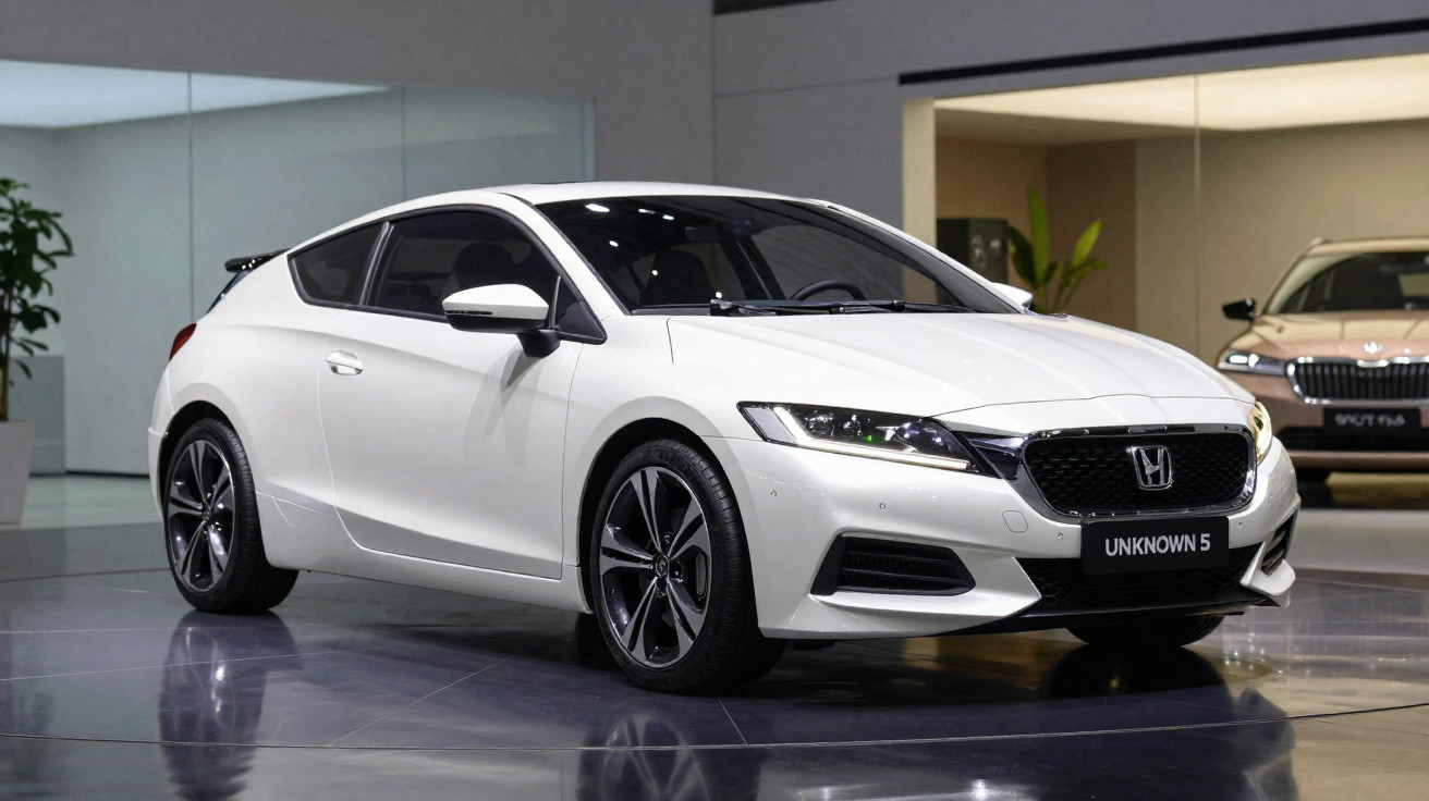 Weißes sportliches Honda Coupé „Unknown 5“ in moderner Ausstellungshalle mit Glasfront.