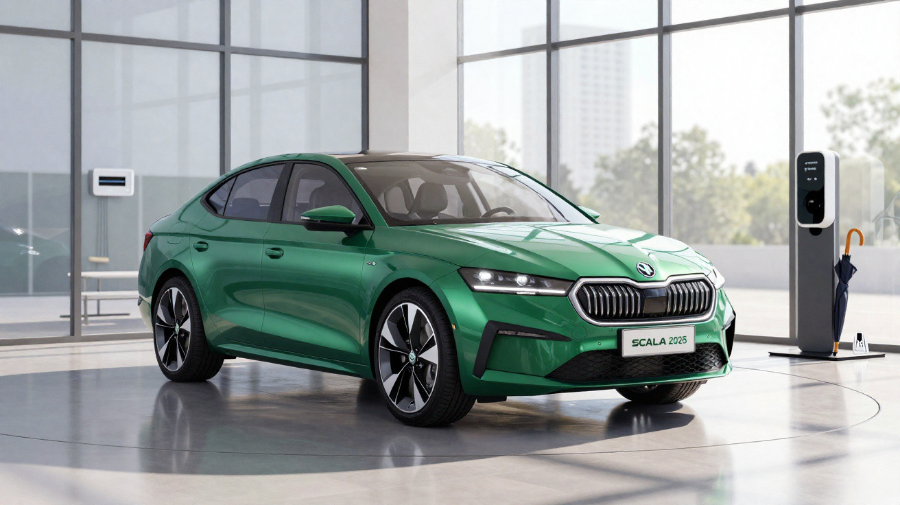 Grüner Škoda Scala 2025 steht in modernem Showroom neben Ladestation und beleuchtet von natürlichem Licht.