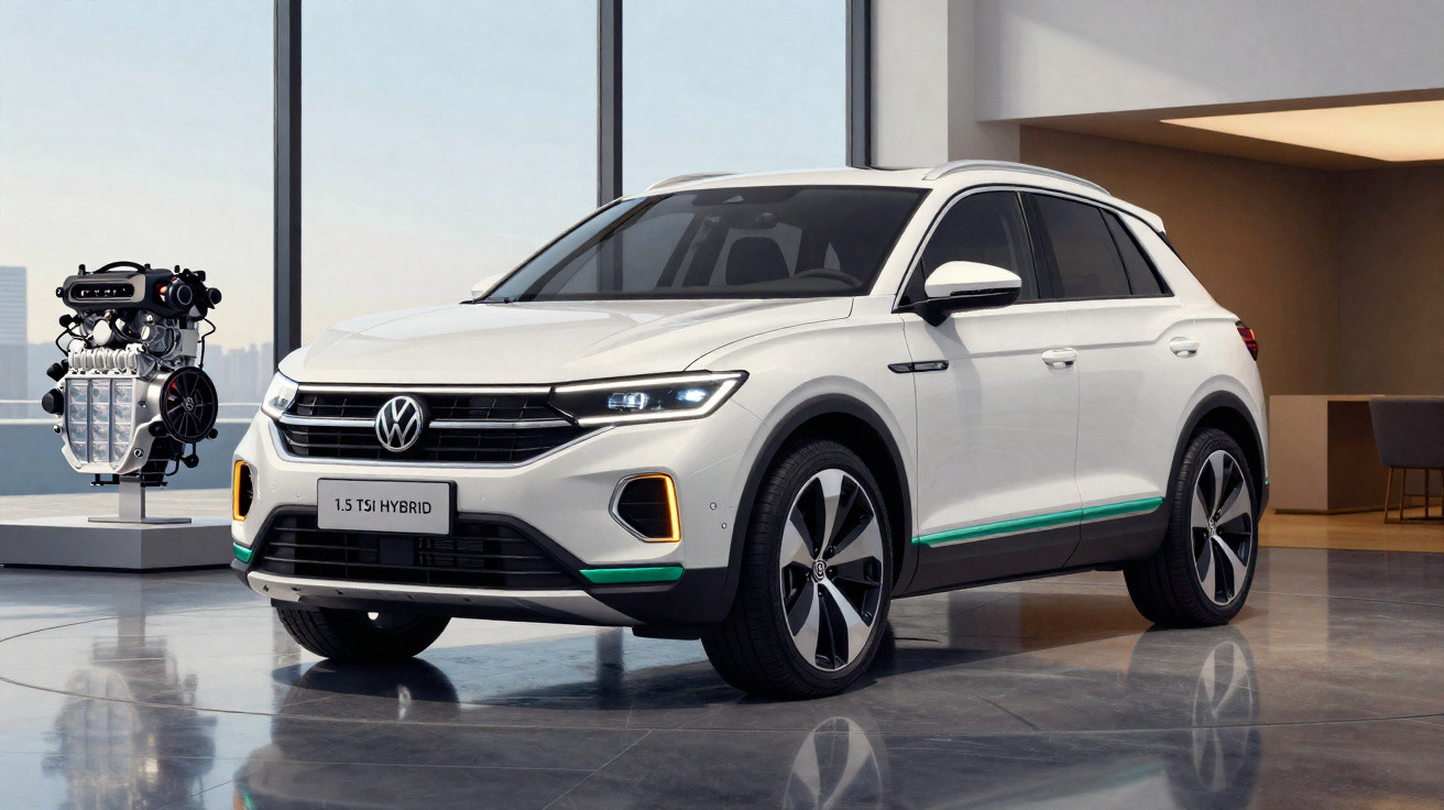 Weißer Volkswagen SUV 1.5 TSI Hybrid in modernem Showroom mit Motor auf Sockel im Hintergrund.
