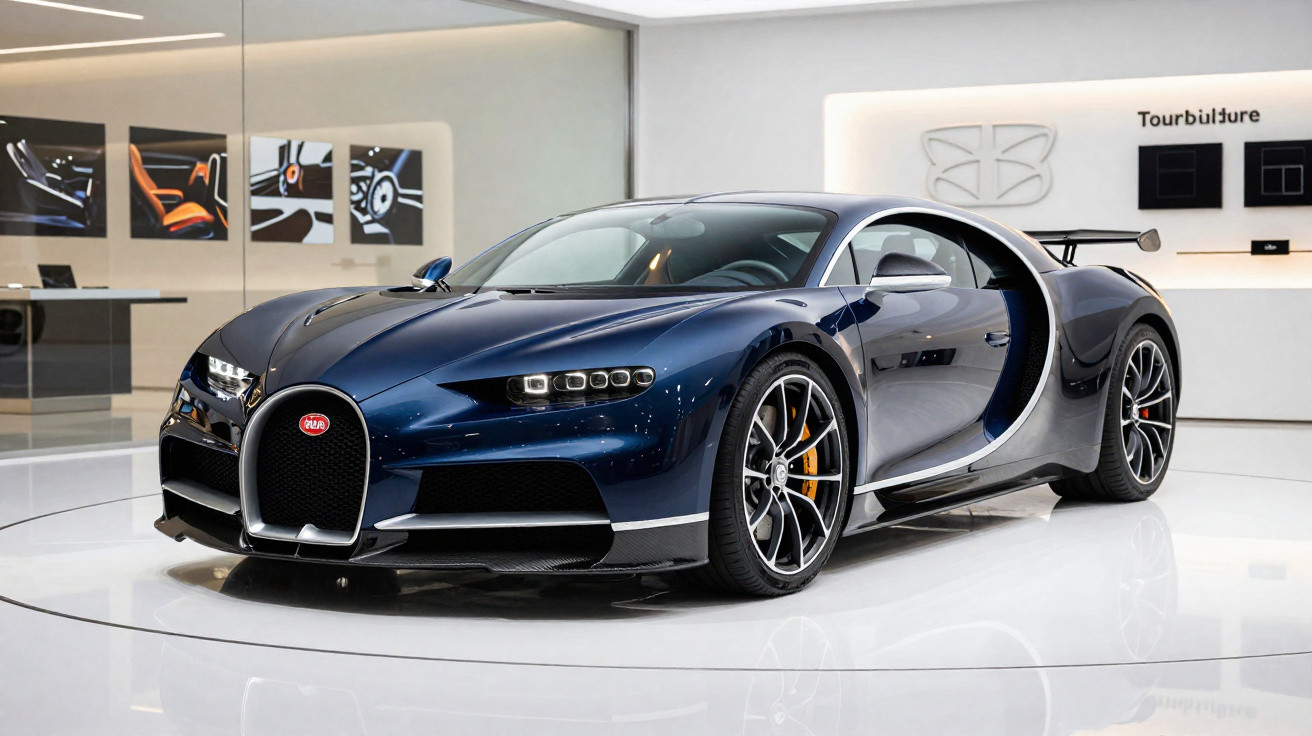 Blauer Bugatti Chiron Supersportwagen in moderner Ausstellung mit Glaswänden und Beleuchtung.