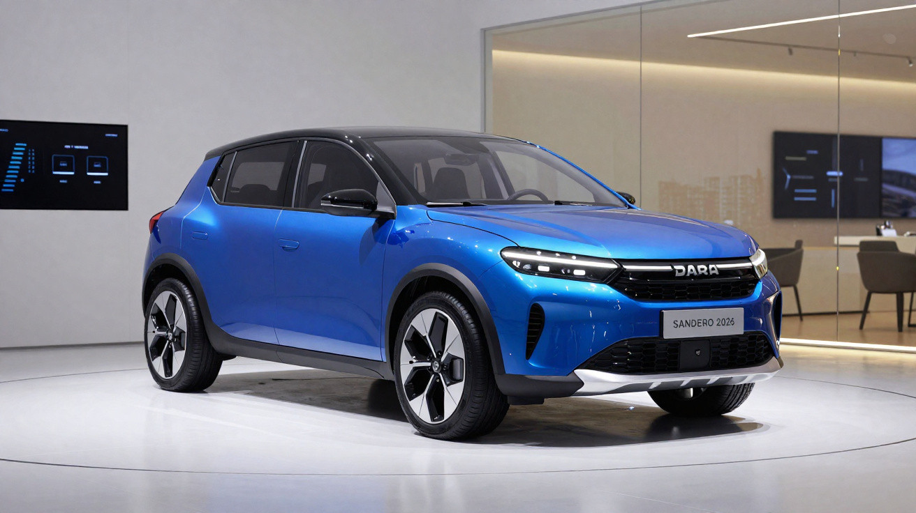 Blauer DARA Sandero 2026 Kleinwagen auf hochwertiger Ausstellungsfläche in modernem Showroom.